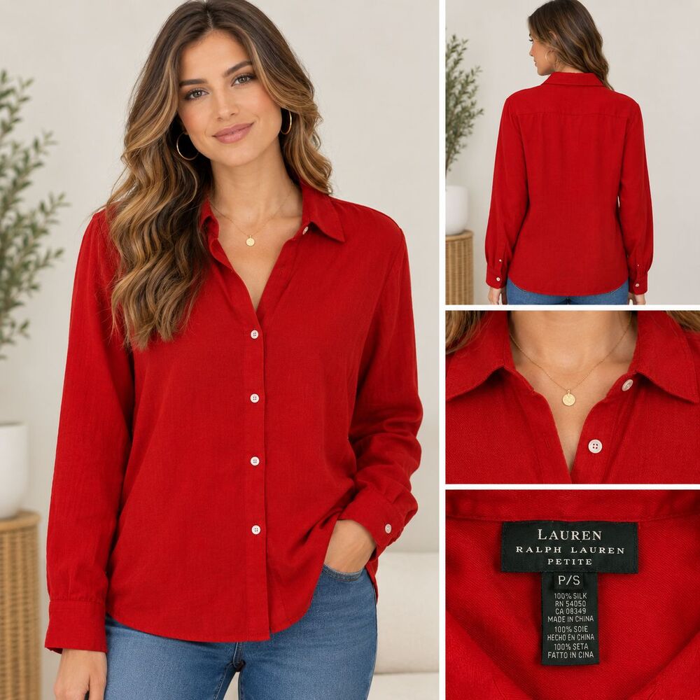 Lauren Ralph Lauren Red Silk Blouse Petite Size Small